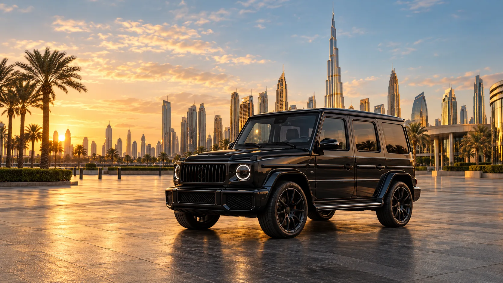 Dark vehicle against the Dubai skyline at sunset
